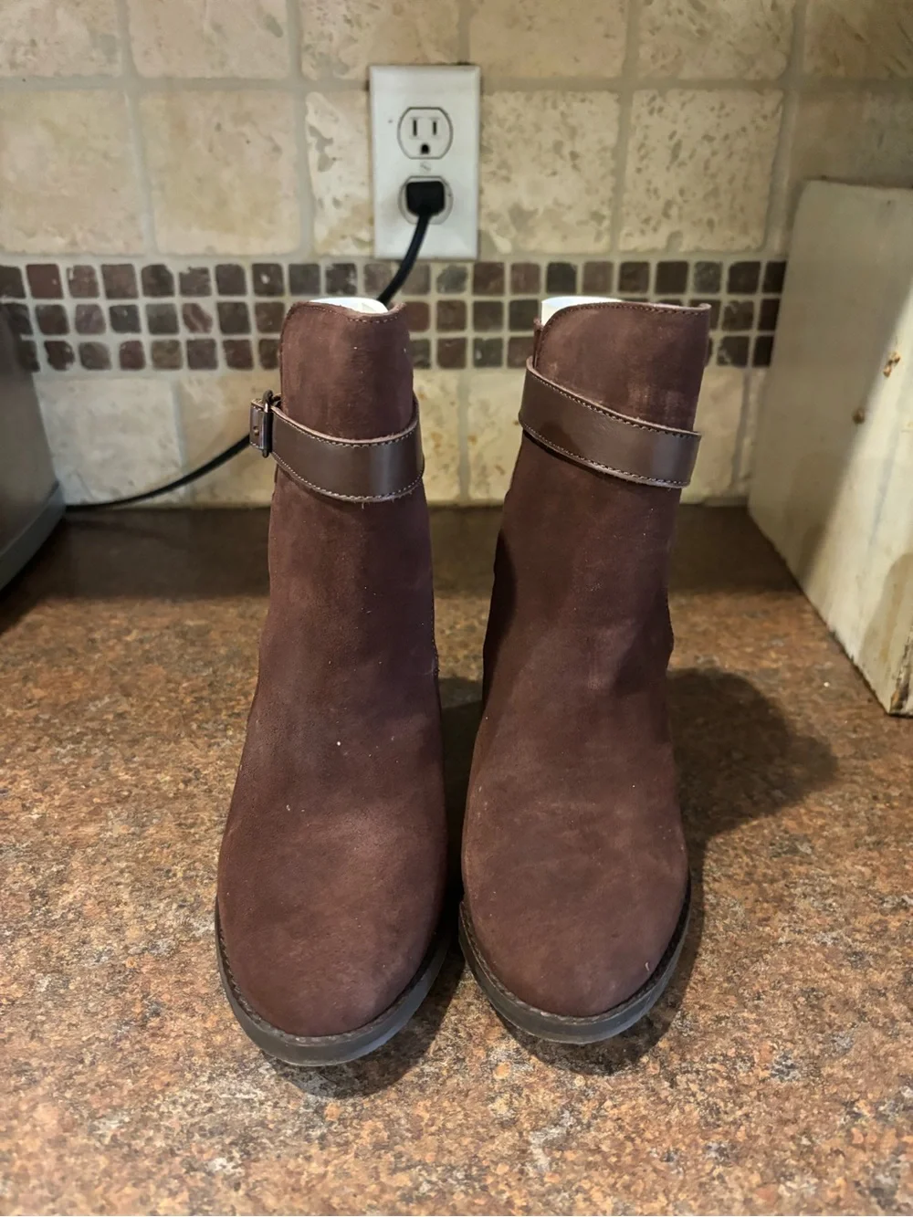 Dune London Dark Brown Suede Ankle Booties with Buckle Strap